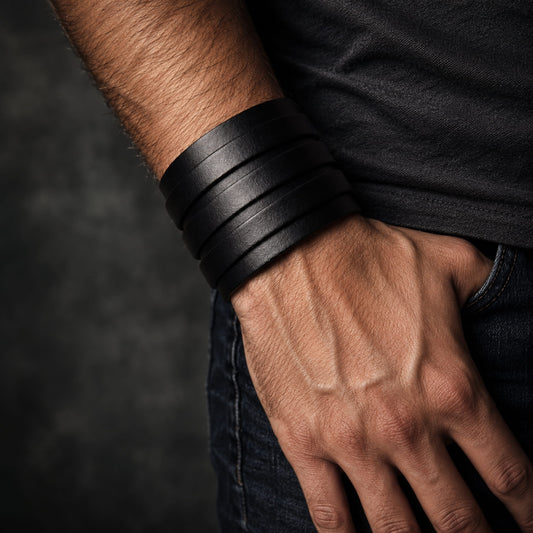 THE MEN THING Leather Bracelet WRAITHBINDER BLACK - Genuine Braided Leather Bracelet Set for Men & Boys (8inch)
