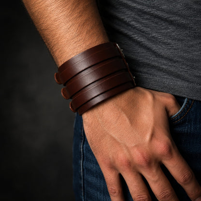 THE MEN THING Leather Bracelet WRAITHBINDER BROWN - Genuine Braided Leather Bracelet Set for Men & Boys (8inch)