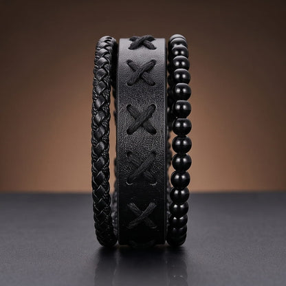 THE MEN THING Leather Bracelet X-STITCH BLACK - 3Pcs Genuine Leather Adjustable Bracelets Set for Men & Boys