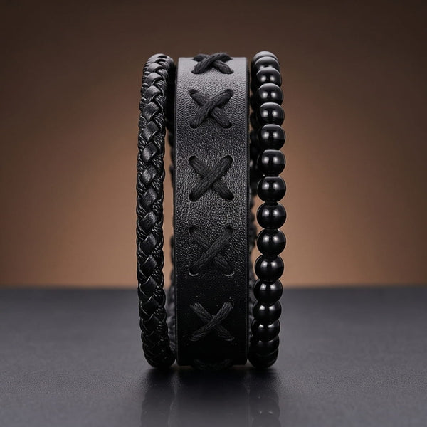 X-STITCH BLACK - 3Pcs Genuine Leather Adjustable Bracelets Set for Men & Boys