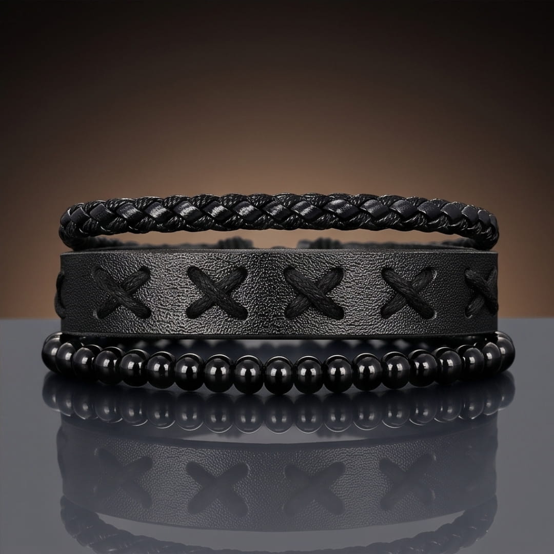 THE MEN THING Leather Bracelet X-STITCH BLACK - 3Pcs Genuine Leather Adjustable Bracelets Set for Men & Boys
