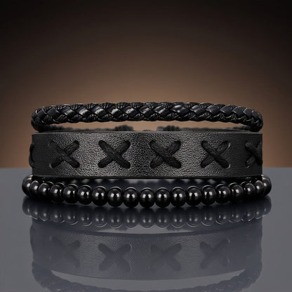 THE MEN THING Leather Bracelet X-STITCH BLACK - 3Pcs Genuine Leather Adjustable Bracelets Set for Men & Boys