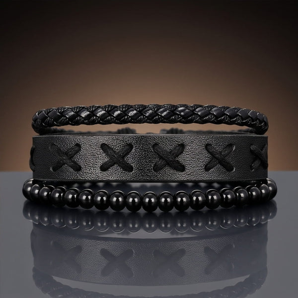 X-STITCH BLACK - 3Pcs Genuine Leather Adjustable Bracelets Set for Men & Boys
