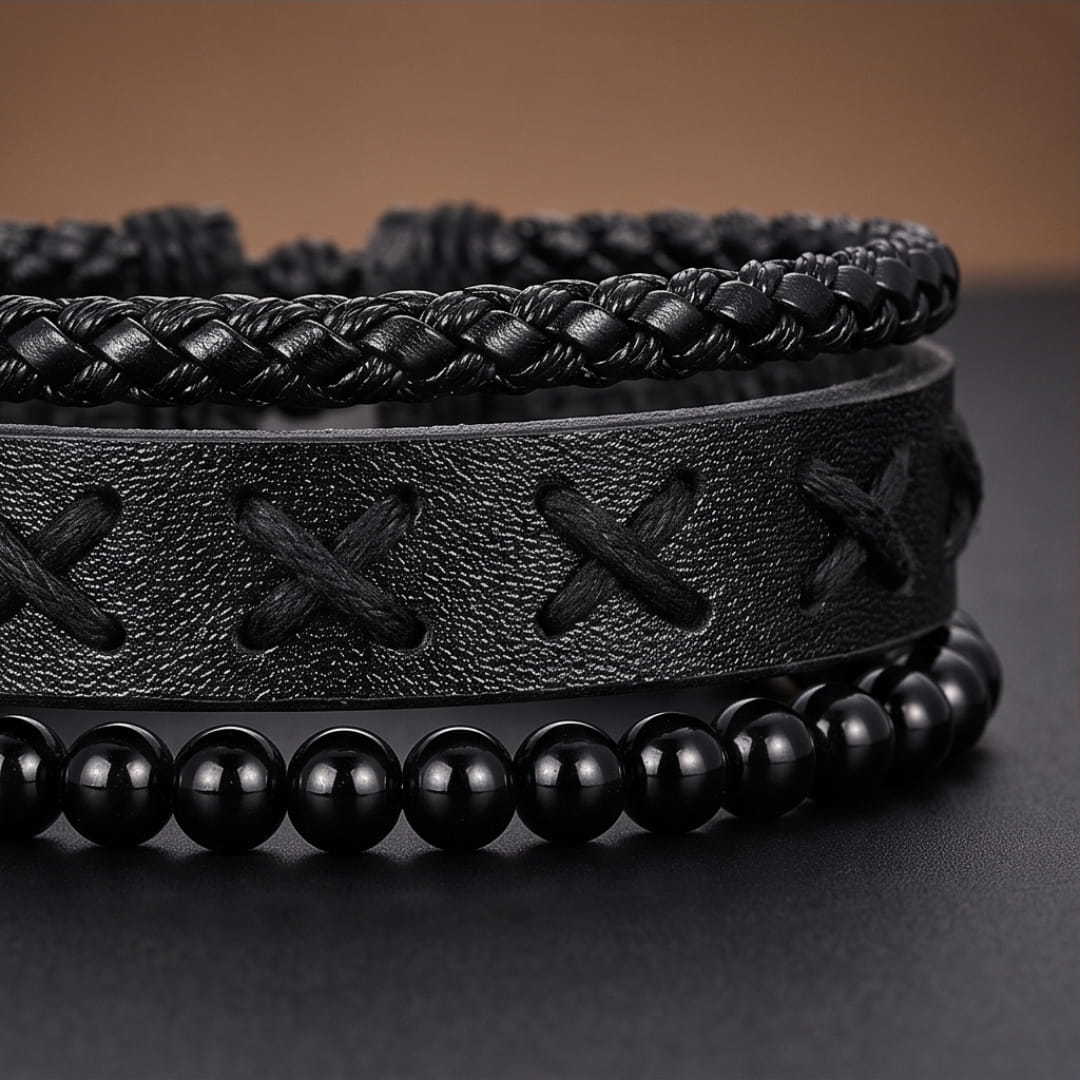 THE MEN THING Leather Bracelet X-STITCH BLACK - 3Pcs Genuine Leather Adjustable Bracelets Set for Men & Boys