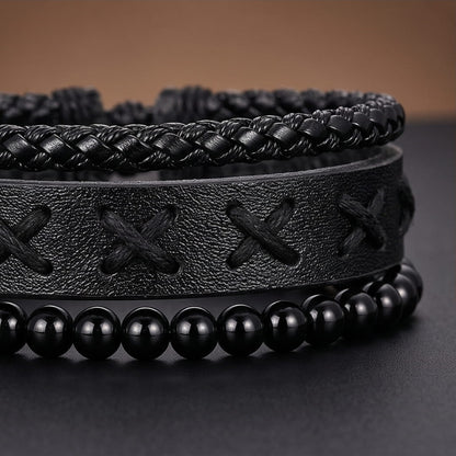 THE MEN THING Leather Bracelet X-STITCH BLACK - 3Pcs Genuine Leather Adjustable Bracelets Set for Men & Boys
