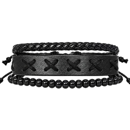 THE MEN THING Leather Bracelet X-STITCH BLACK - 3Pcs Genuine Leather Adjustable Bracelets Set for Men & Boys