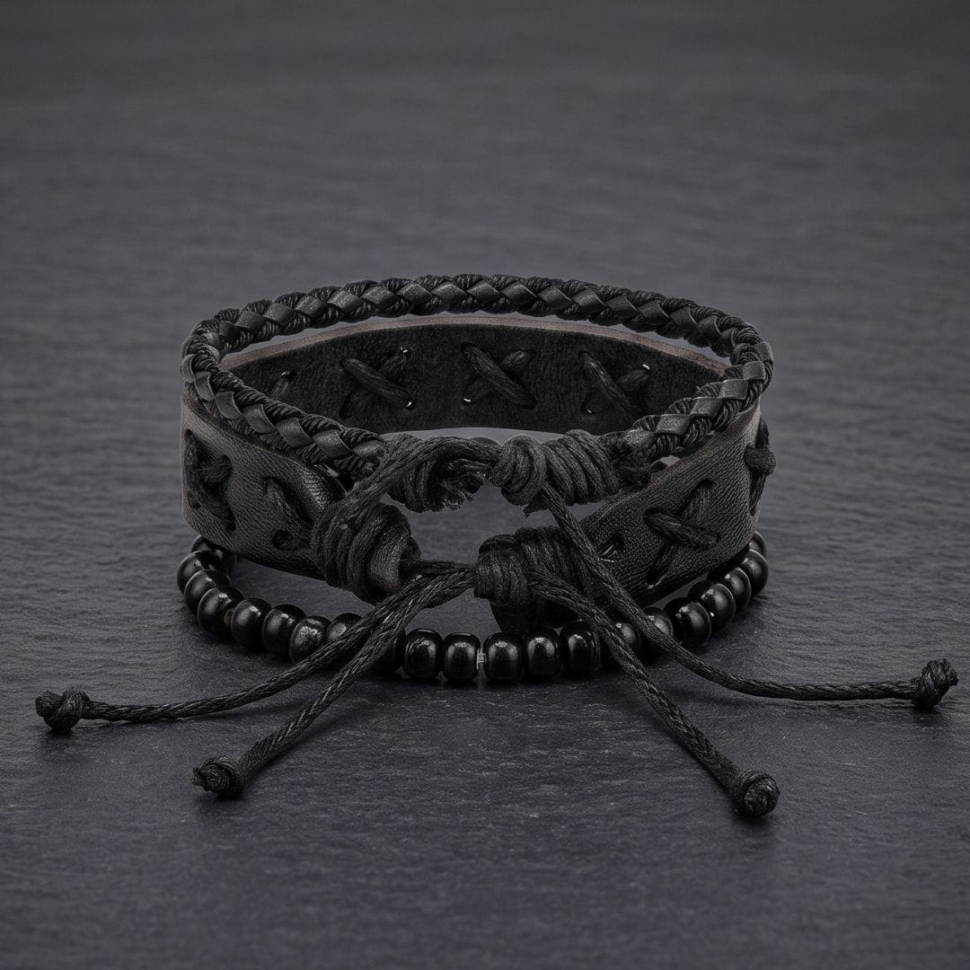 THE MEN THING Leather Bracelet X-STITCH BLACK - 3Pcs Genuine Leather Adjustable Bracelets Set for Men & Boys