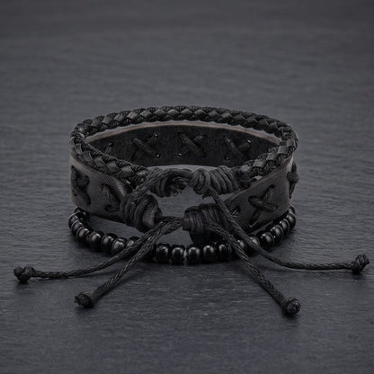 THE MEN THING Leather Bracelet X-STITCH BLACK - 3Pcs Genuine Leather Adjustable Bracelets Set for Men & Boys