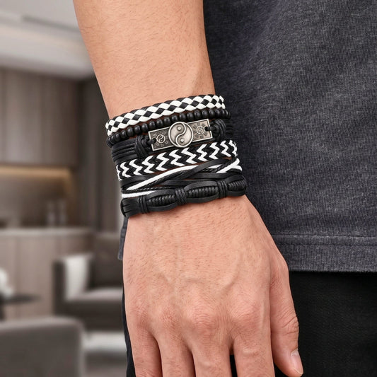 THE MEN THING Leather Bracelet YIN FORCE - 6 Pcs Genuine Leather Adjustable Bracelet for Men & Boys