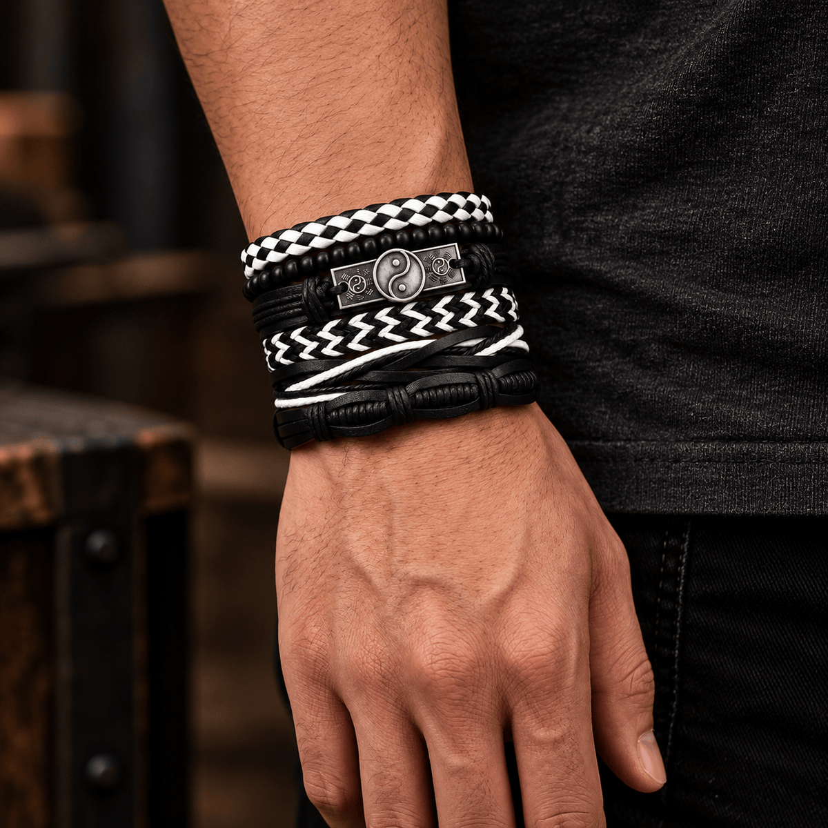 THE MEN THING Leather Bracelet YIN FORCE - 6 Pcs Genuine Leather Adjustable Bracelet for Men & Boys