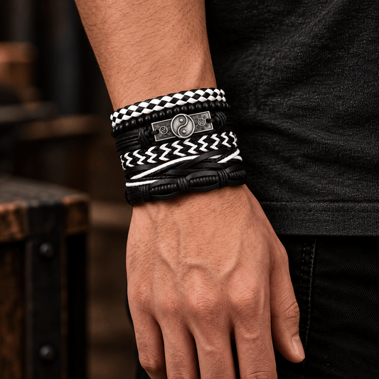 THE MEN THING Leather Bracelet YIN FORCE - 6 Pcs Genuine Leather Adjustable Bracelet for Men & Boys