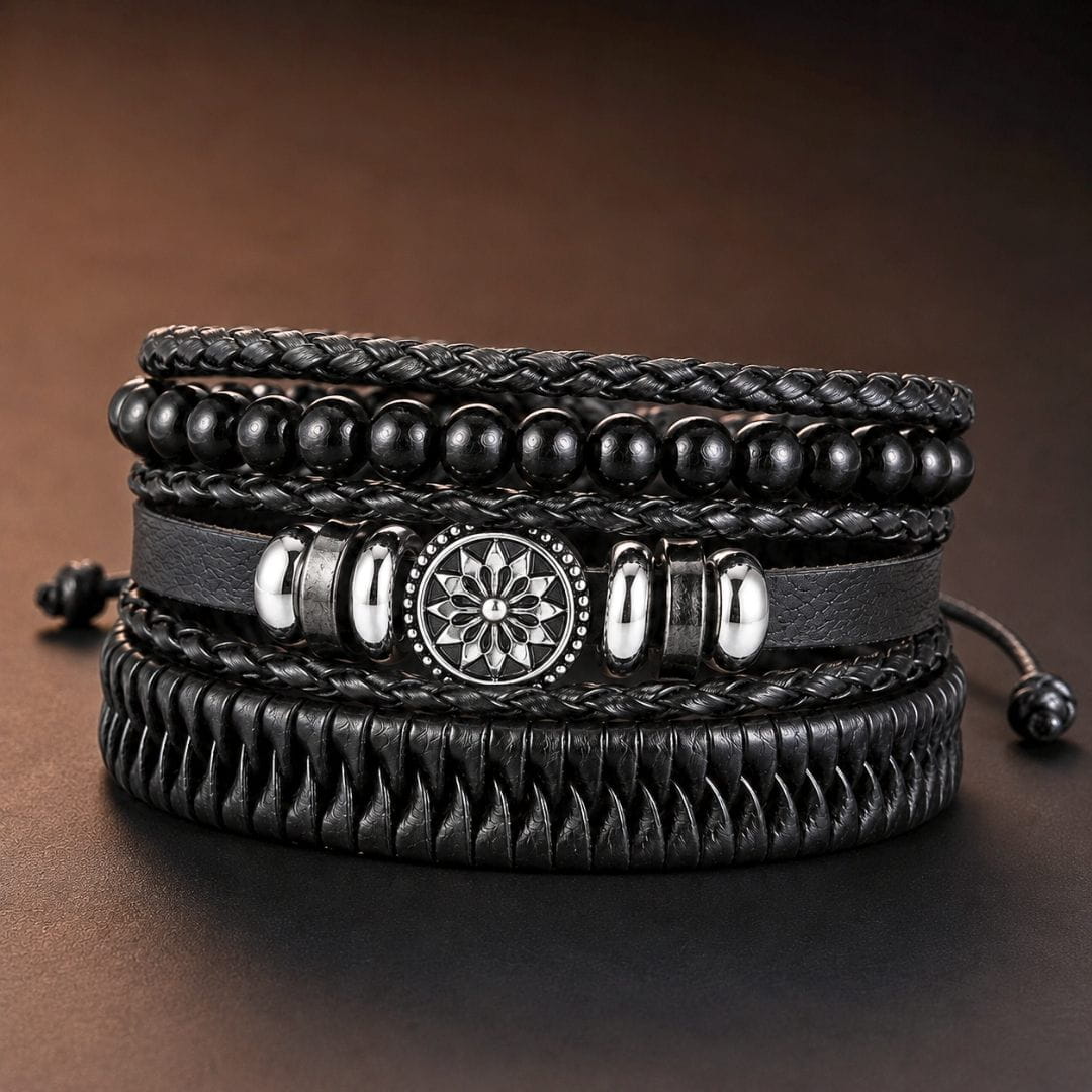 THE MEN THING Leather Bracelet ZEN MANDALA STACK BLACK - 4 Pcs Genuine Leather Adjustable Bracelet for Men & Boys