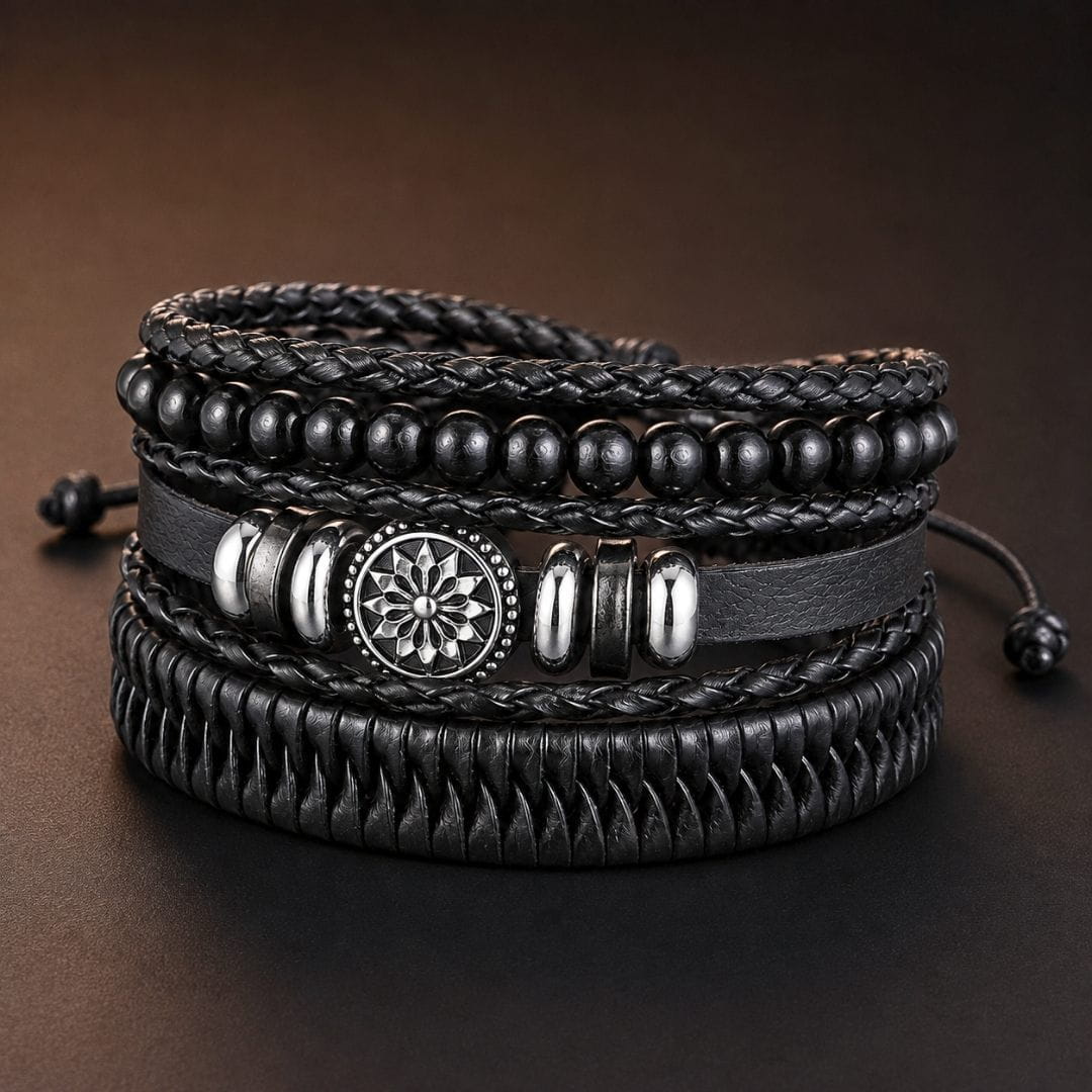 THE MEN THING Leather Bracelet ZEN MANDALA STACK BLACK - 4 Pcs Genuine Leather Adjustable Bracelet for Men & Boys