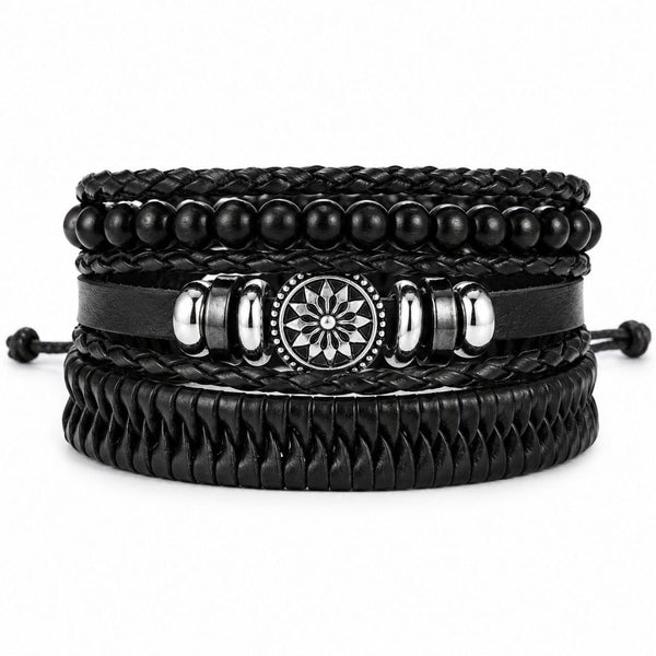 ZEN MANDALA STACK BLACK - 4 Pcs Genuine Leather Adjustable Bracelet for Men & Boys