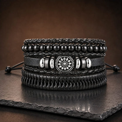 THE MEN THING Leather Bracelet ZEN MANDALA STACK BLACK - 4 Pcs Genuine Leather Adjustable Bracelet for Men & Boys