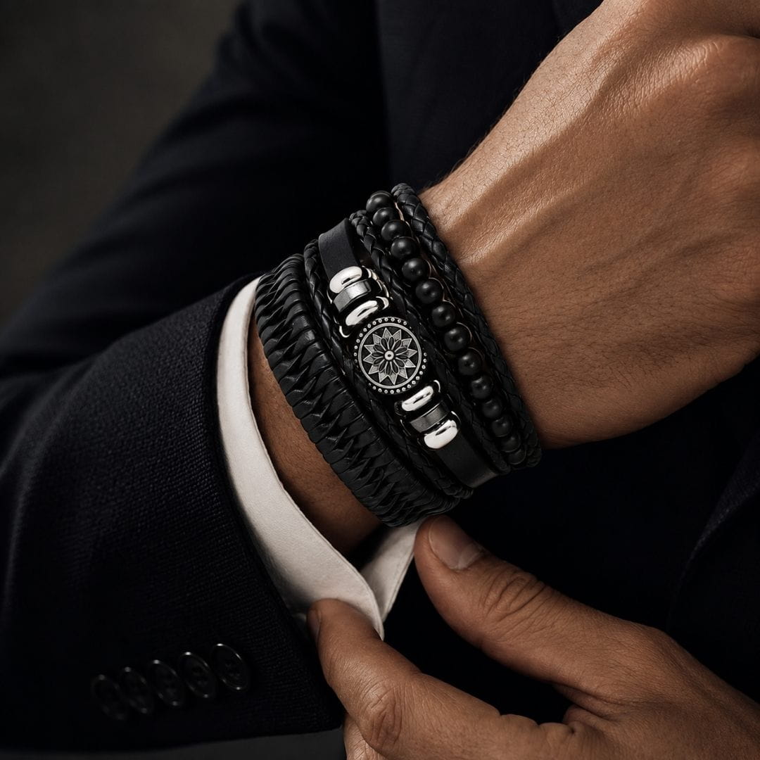 THE MEN THING Leather Bracelet ZEN MANDALA STACK BLACK - 4 Pcs Genuine Leather Adjustable Bracelet for Men & Boys