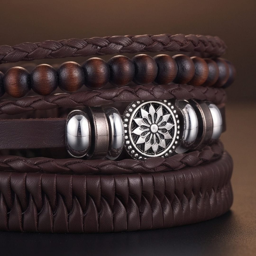 THE MEN THING Leather Bracelet ZEN MANDALA STACK BROWN - 4 Pcs Genuine Leather Adjustable Bracelet for Men & Boys