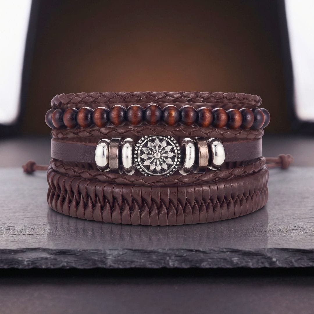 THE MEN THING Leather Bracelet ZEN MANDALA STACK BROWN - 4 Pcs Genuine Leather Adjustable Bracelet for Men & Boys