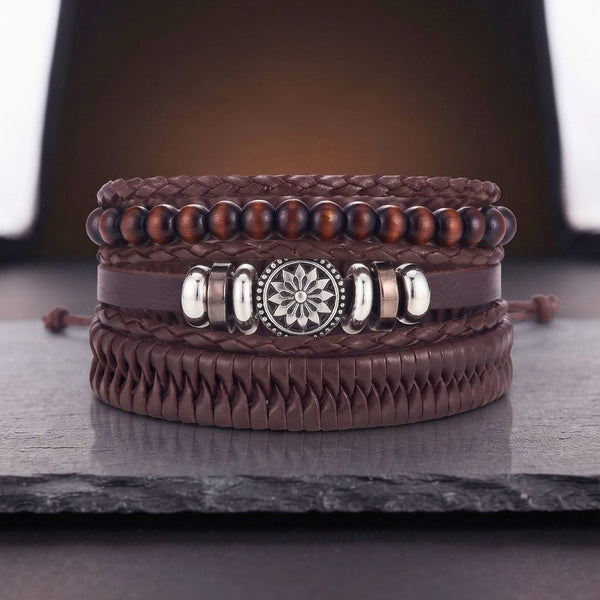 ZEN MANDALA STACK BROWN - 4 Pcs Genuine Leather Adjustable Bracelet for Men & Boys