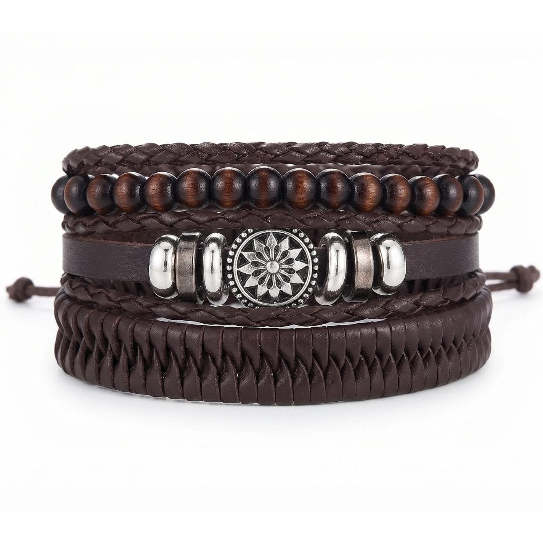 THE MEN THING Leather Bracelet ZEN MANDALA STACK BROWN - 4 Pcs Genuine Leather Adjustable Bracelet for Men & Boys