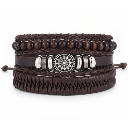 THE MEN THING Leather Bracelet ZEN MANDALA STACK BROWN - 4 Pcs Genuine Leather Adjustable Bracelet for Men & Boys