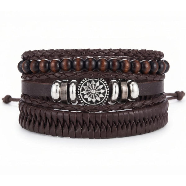 ZEN MANDALA STACK BROWN - 4 Pcs Genuine Leather Adjustable Bracelet for Men & Boys