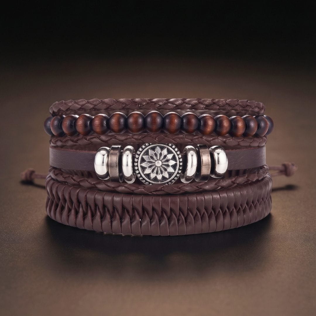 THE MEN THING Leather Bracelet ZEN MANDALA STACK BROWN - 4 Pcs Genuine Leather Adjustable Bracelet for Men & Boys