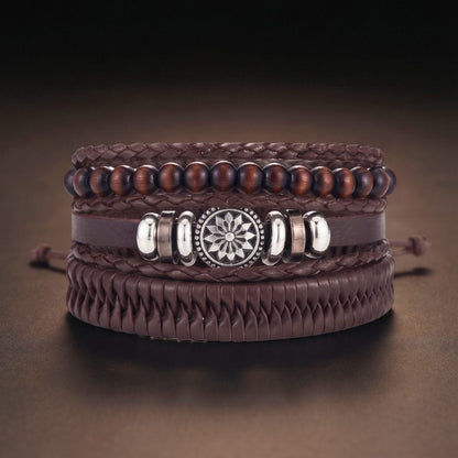 THE MEN THING Leather Bracelet ZEN MANDALA STACK BROWN - 4 Pcs Genuine Leather Adjustable Bracelet for Men & Boys