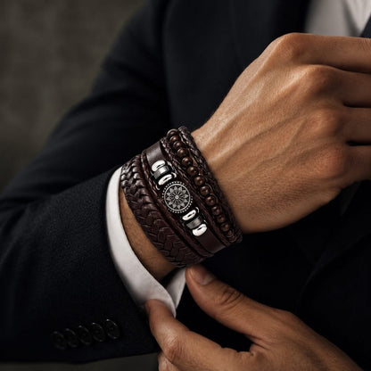 THE MEN THING Leather Bracelet ZEN MANDALA STACK BROWN - 4 Pcs Genuine Leather Adjustable Bracelet for Men & Boys