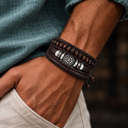 THE MEN THING Leather Bracelet ZEN MANDALA STACK BROWN - 4 Pcs Genuine Leather Adjustable Bracelet for Men & Boys