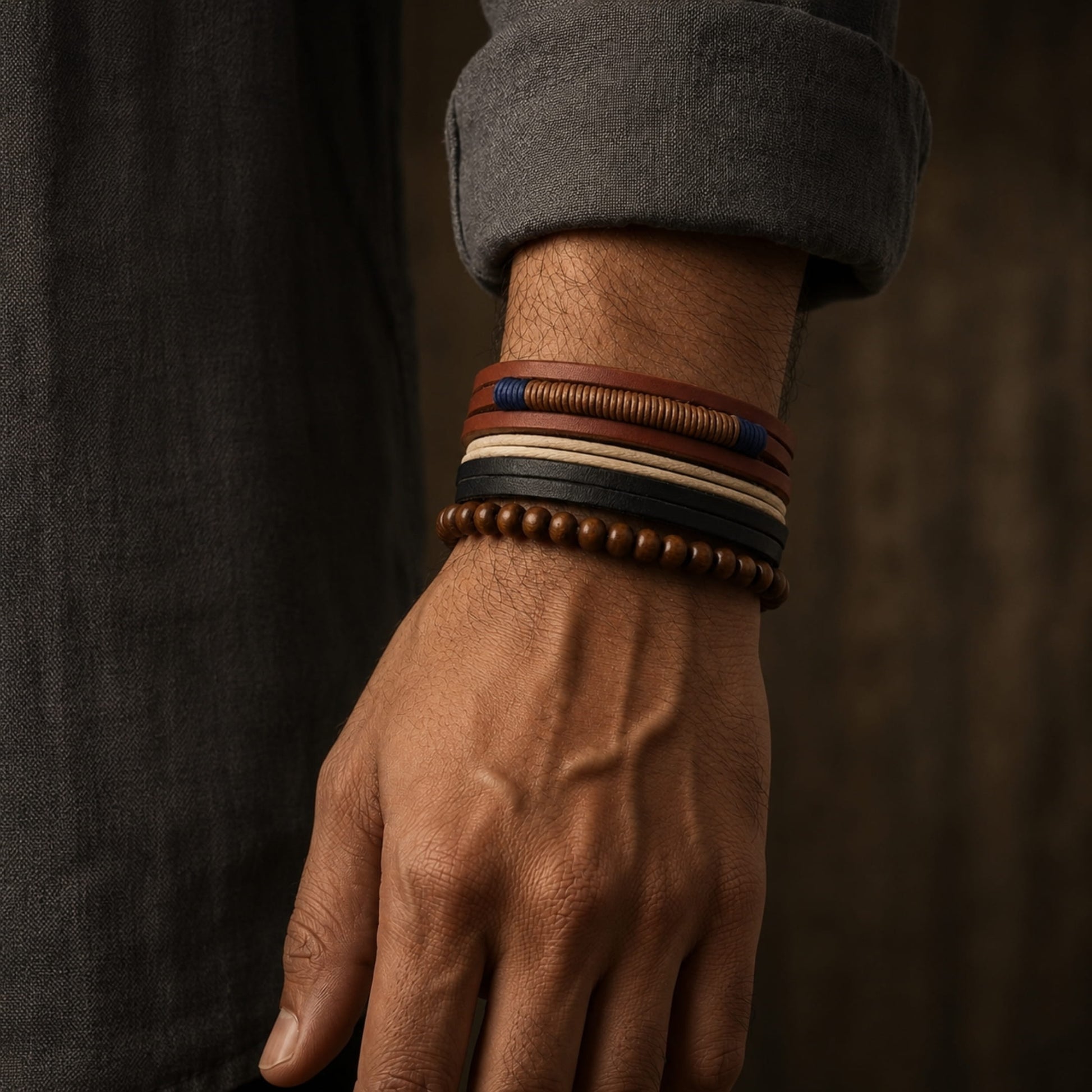 THE MEN THING Leather Bracelet ZENITH BAND - Genuine Braided Leather Bracelet Set for Men & Boys (8 inch)