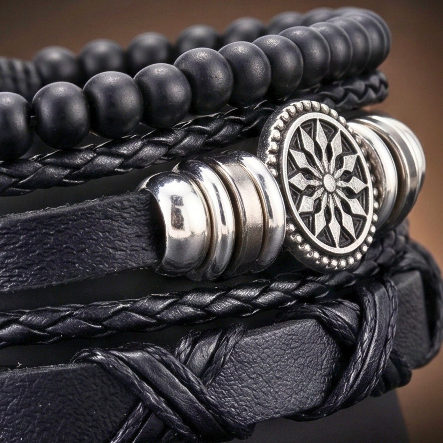 THE MEN THING Leather Bracelet ZENITH EDGE - 3 Pcs Genuine Braided Leather Adjustable Bracelets for Men & Boys