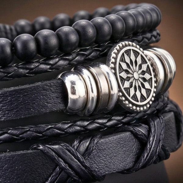 ZENITH EDGE - 3 Pcs Genuine Braided Leather Adjustable Bracelets for Men & Boys