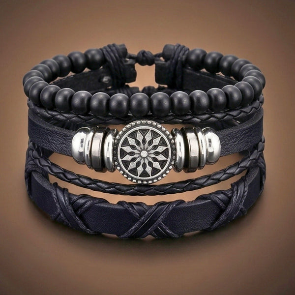 ZENITH EDGE - 3 Pcs Genuine Braided Leather Adjustable Bracelets for Men & Boys