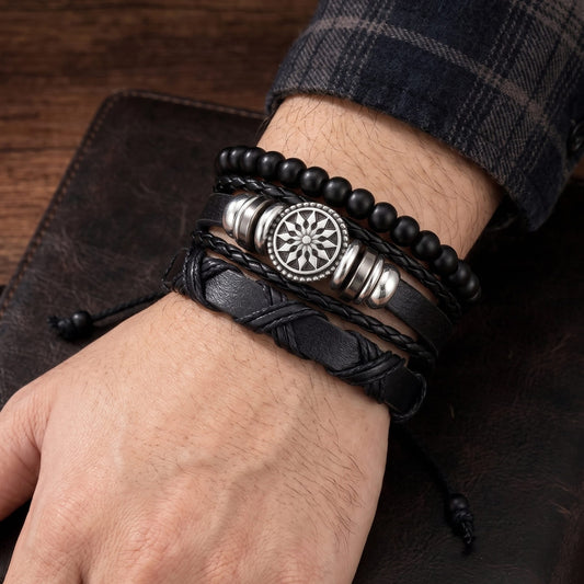THE MEN THING Leather Bracelet ZENITH EDGE - 3 Pcs Genuine Braided Leather Adjustable Bracelets for Men & Boys