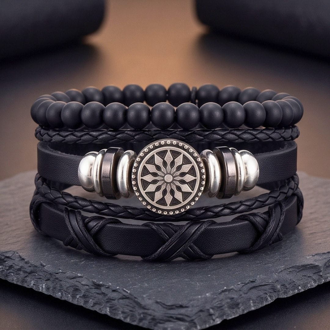 THE MEN THING Leather Bracelet ZENITH EDGE - 3 Pcs Genuine Braided Leather Adjustable Bracelets for Men & Boys