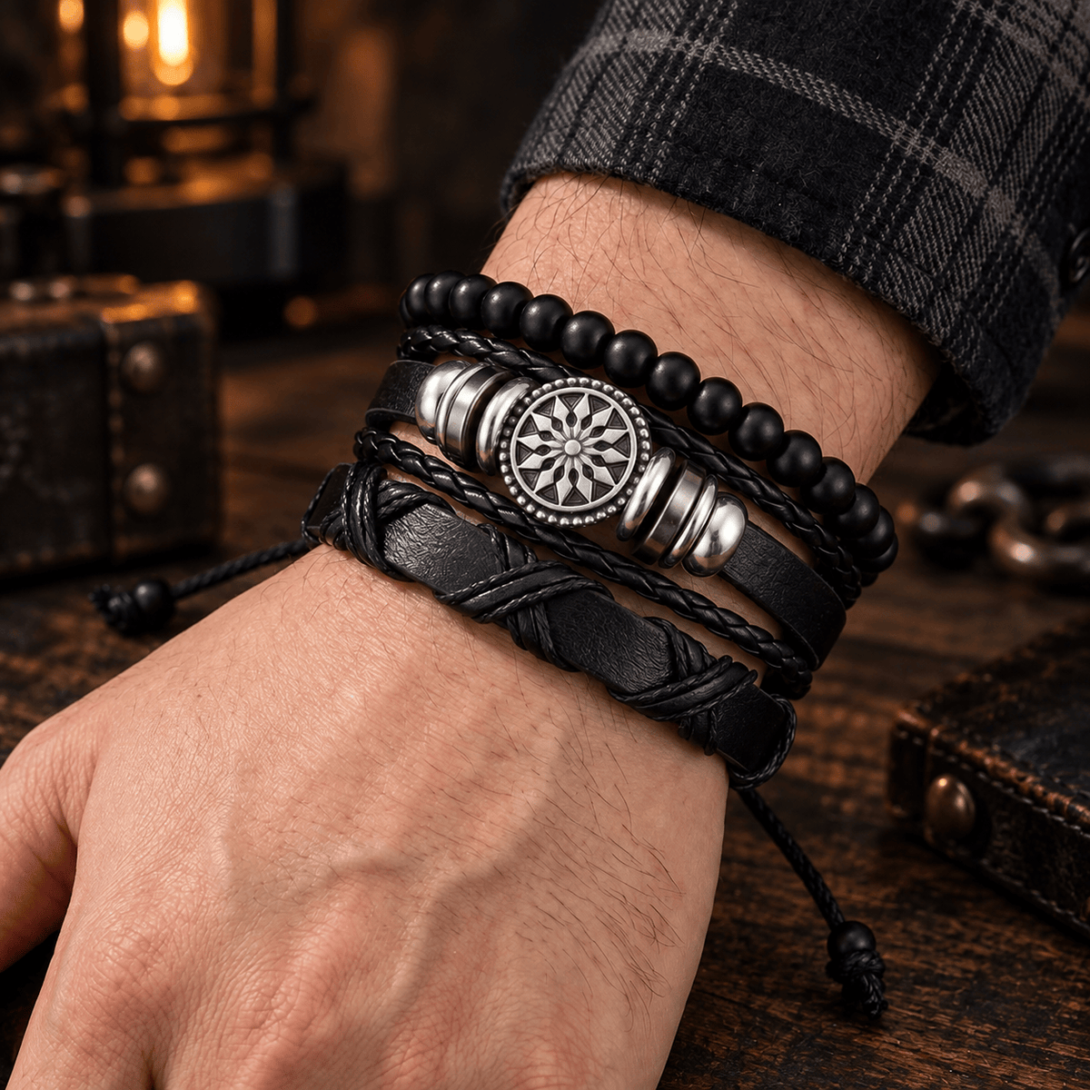 THE MEN THING Leather Bracelet ZENITH EDGE - 3 Pcs Genuine Braided Leather Adjustable Bracelets for Men & Boys