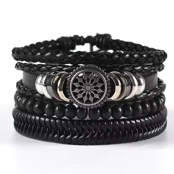 ZEPHYR WEAVE - 4 Pcs Genuine Braided Leather Bracelet Set for Men & Boys (8 inch)