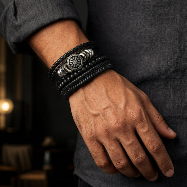 ZEPHYR WEAVE - 4 Pcs Genuine Braided Leather Bracelet Set for Men & Boys (8 inch)