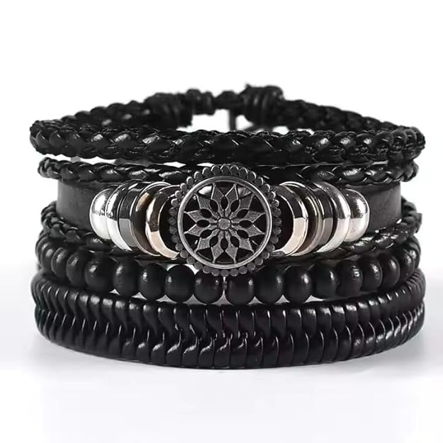 THE MEN THING Leather Bracelet ZEPHYR WEAVE Set of 4 Genuine Braided Leather Adjustable Bracelets for Men & Boys – 8 Inch