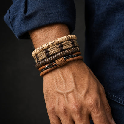 THE MEN THING Leather Bracelet ZULU BAND -  4 Pcs Genuine Braided Leather Bracelet Set for Men & Boys (8 inch)