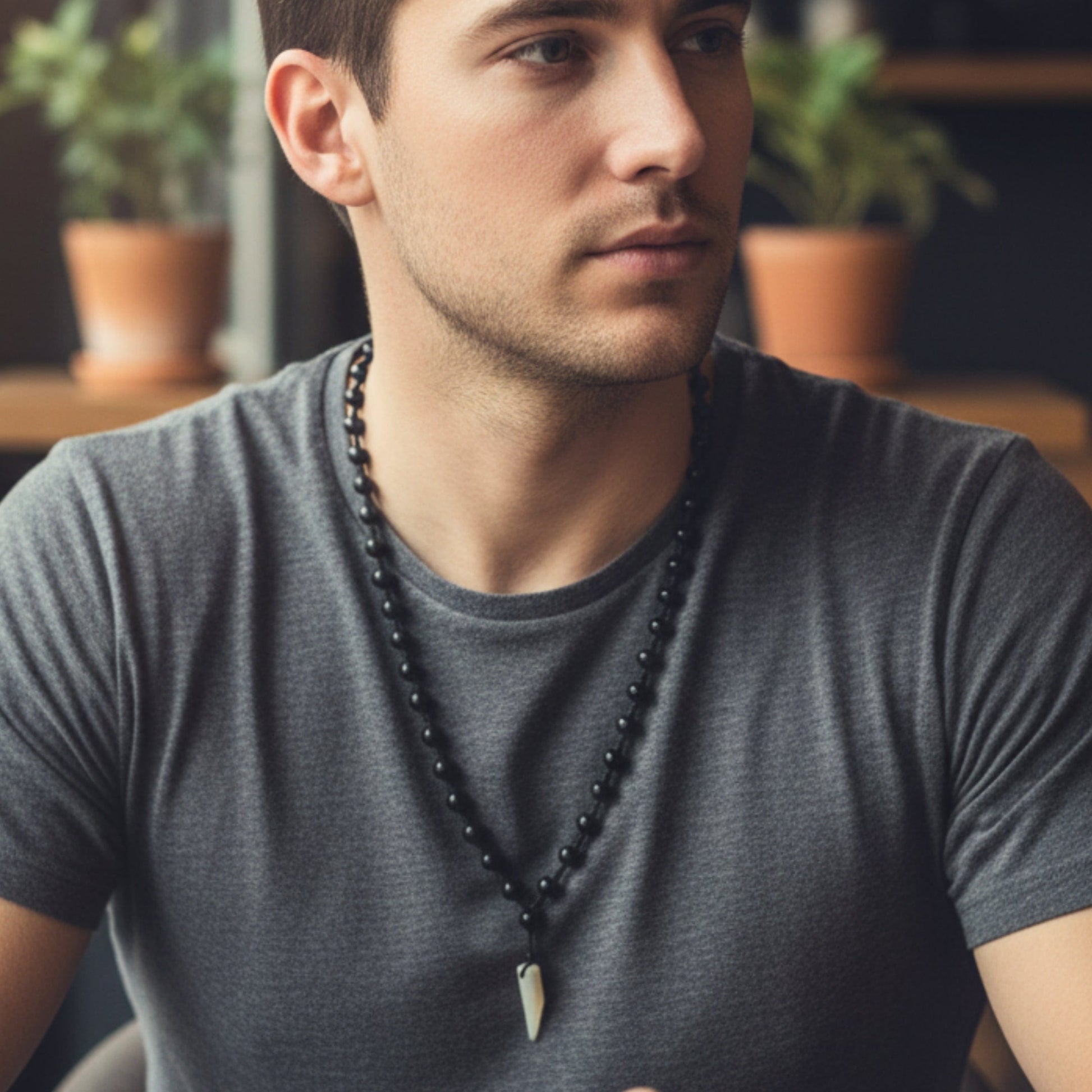 THE MEN THING Leather Necklace ALPHA FANG – 1-Inch Natural Crystal Pendant with 24-Inch Leather Rope for Men & Boys