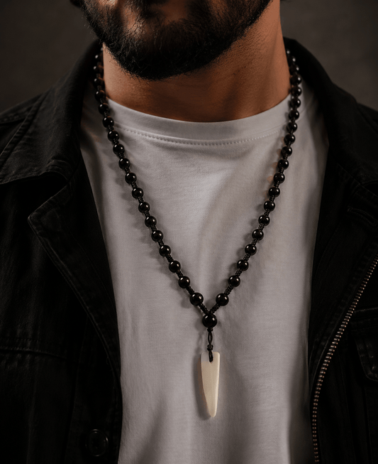 THE MEN THING Leather Necklace ALPHA FANG – 1-Inch Natural Crystal Pendant with 24-Inch Leather Rope for Men & Boys