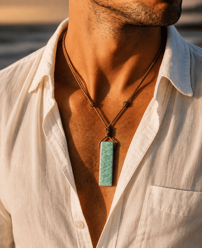 THE MEN THING Leather Necklace AMAZONITE AURA - Natural Crystal Unshaped Pendant with Adjustable Rope Chain for Men and Boys