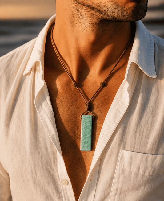THE MEN THING Leather Necklace AMAZONITE AURA - Natural Crystal Unshaped Pendant with Adjustable Rope Chain for Men and Boys