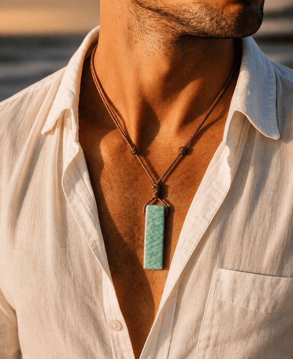 AMAZONITE AURA - Natural Crystal Unshaped Pendant with Adjustable Rope Chain for Men and Boys