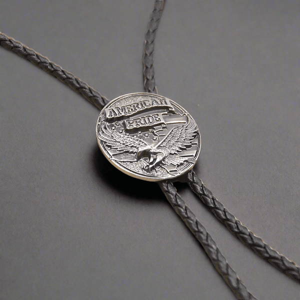 AMERICAN PRIDE - Retro Alloy Pendant Bolo Tie | Adjustable Genuine Leather Cowboy Necktie Necklace for Men & Boys