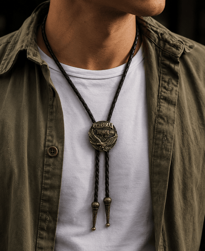 THE MEN THING Leather Necklace AMERICAN PRIDE - Retro Alloy Pendant Bolo Tie | Adjustable Genuine Leather Cowboy Necktie Necklace for Men & Boys