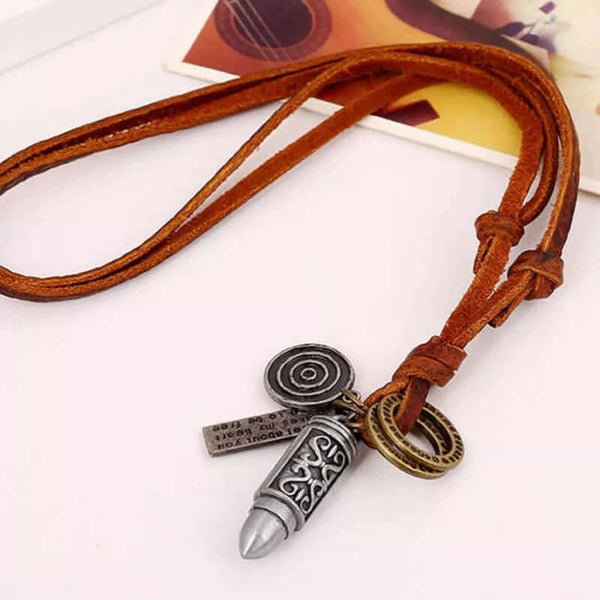 BULLET CREED SILVER - Vintage Alloy Silver Bullet Pendant with Adjustable Pure Leather Cord Necklace for Men & Boys