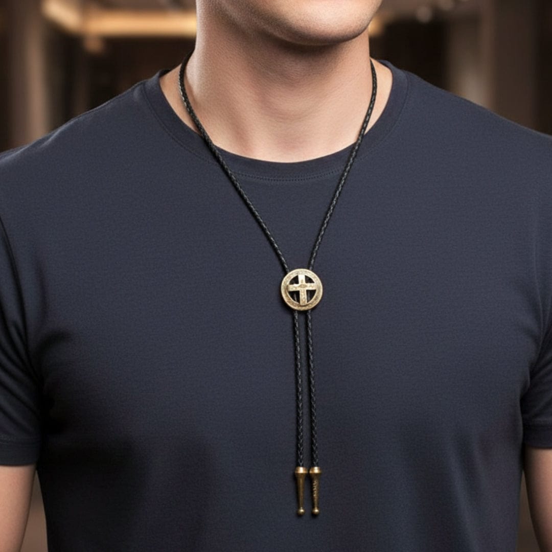 THE MEN THING Leather Necklace ASTRA FAITH - Retro Alloy Pendant Bolo Tie | Adjustable Genuine Leather Cowboy Necktie Necklace for Men & Boys